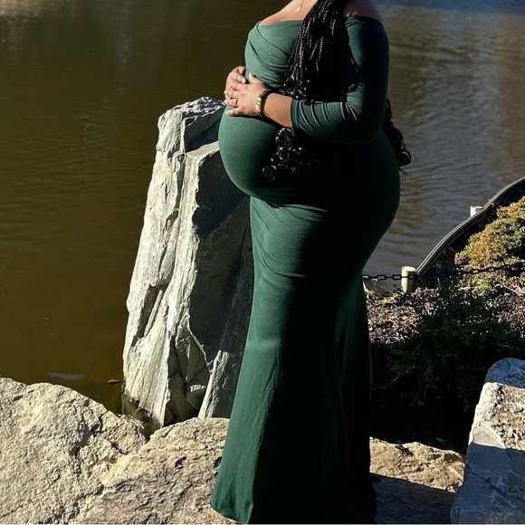 green emerald velvet dress Green Bardot Maternity Dress, Off The Shoulder, Baby Shower, Pregnant Guest Medium / Green main image 1